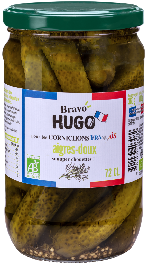 Cornichons Bio français aigredoux à Bravo Hugo