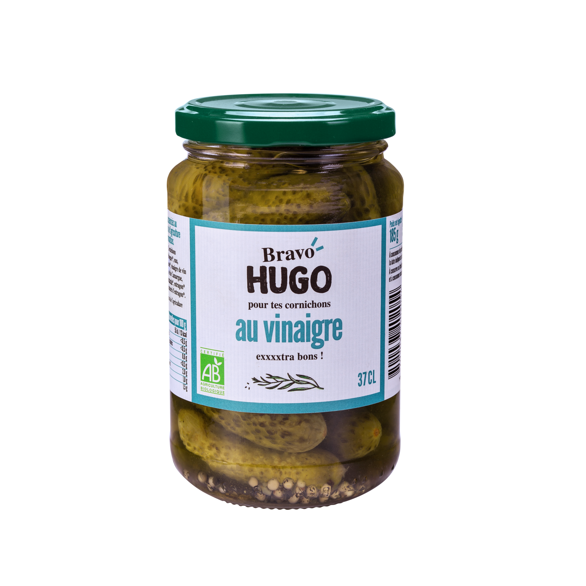 Cornichons Bio français au vinaigre de vin blanc Bravo Hugo